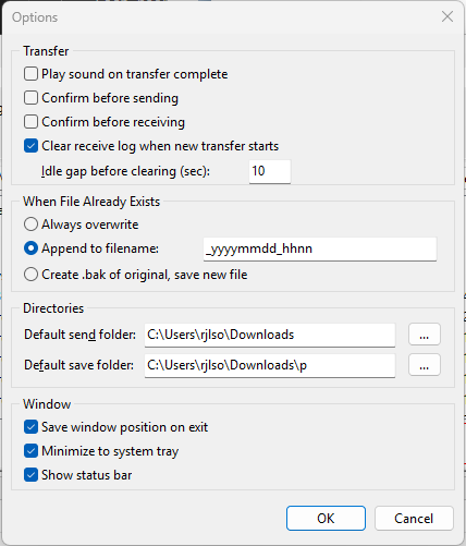 Cloudless File Transfer options dialog showing all configurable settings