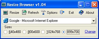 Resize Browser main window showing browser list and resolution buttons