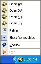 TrayCD right-click menu showing CD-ROM drives with open and close options and removable media